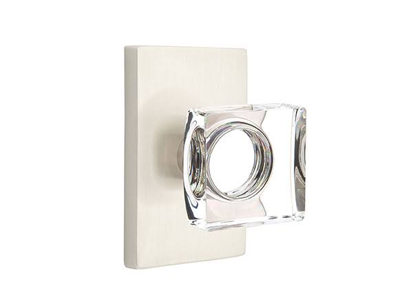 Modern Square Crystal Knob with Rectangular Rose, Satin Nickel F5833