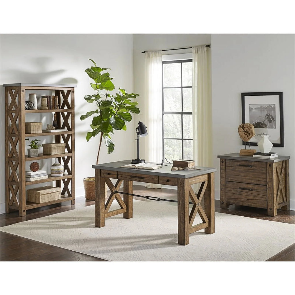 Open Wood Bookcase Shelving Brown Concrete Top E993