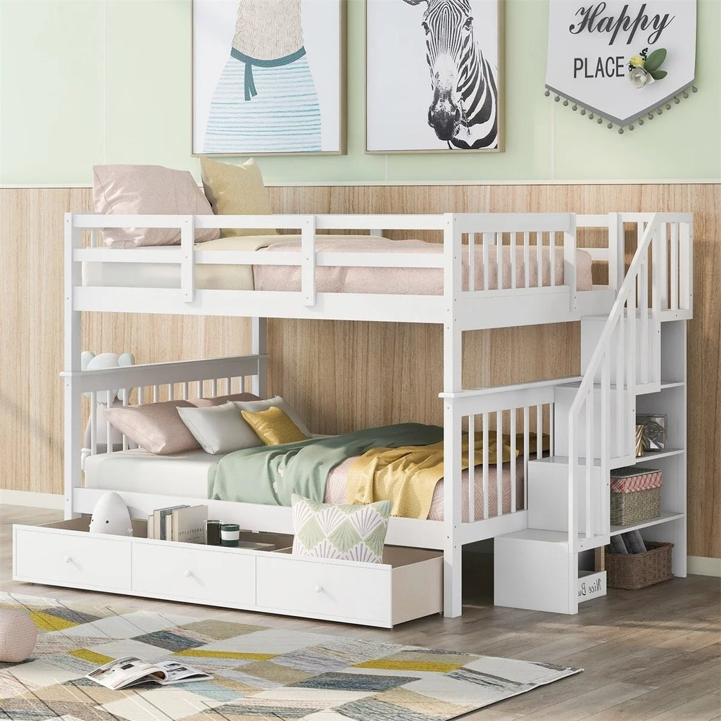 White Full over Full Stairway Bunk Bed with Drawer O521648