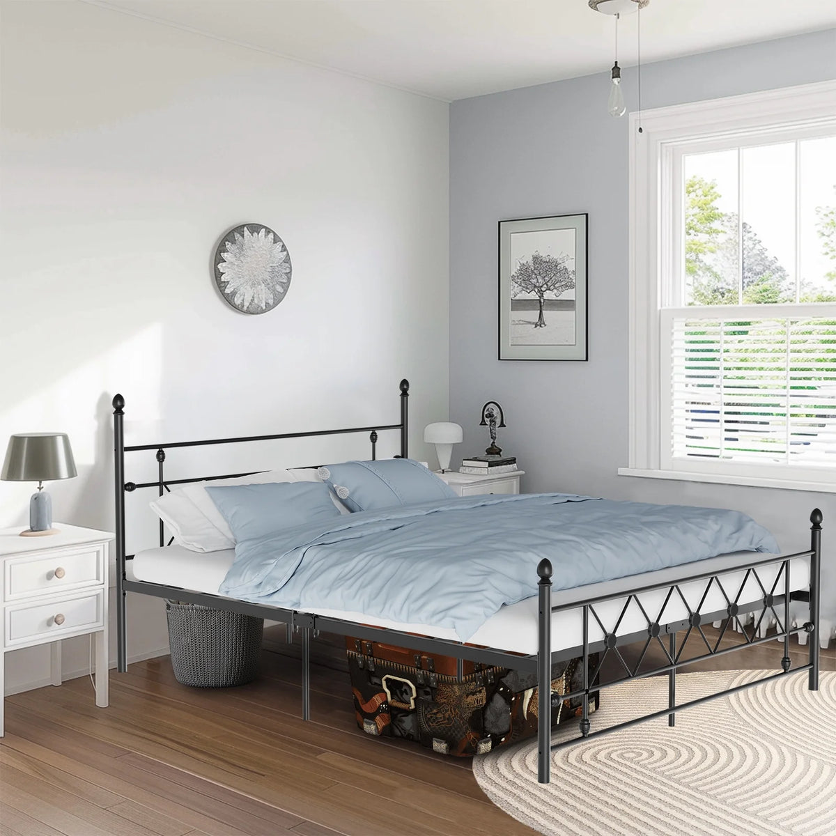Queen Size Black Metal Platform Bed Frame with Headboard J695