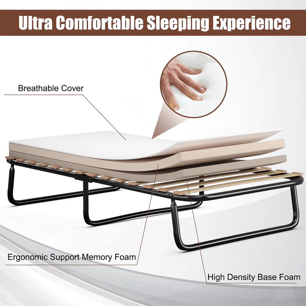 Portable Folding Guest Bed Cot with Memory Foam Mattress Twin Size W441863