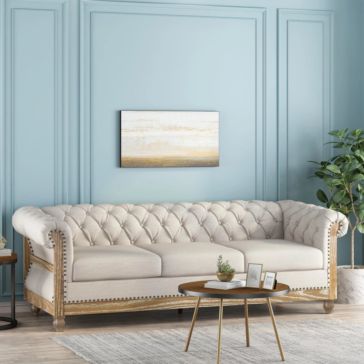 Beige Fabric Tufted 3 Seater Sofa V259793