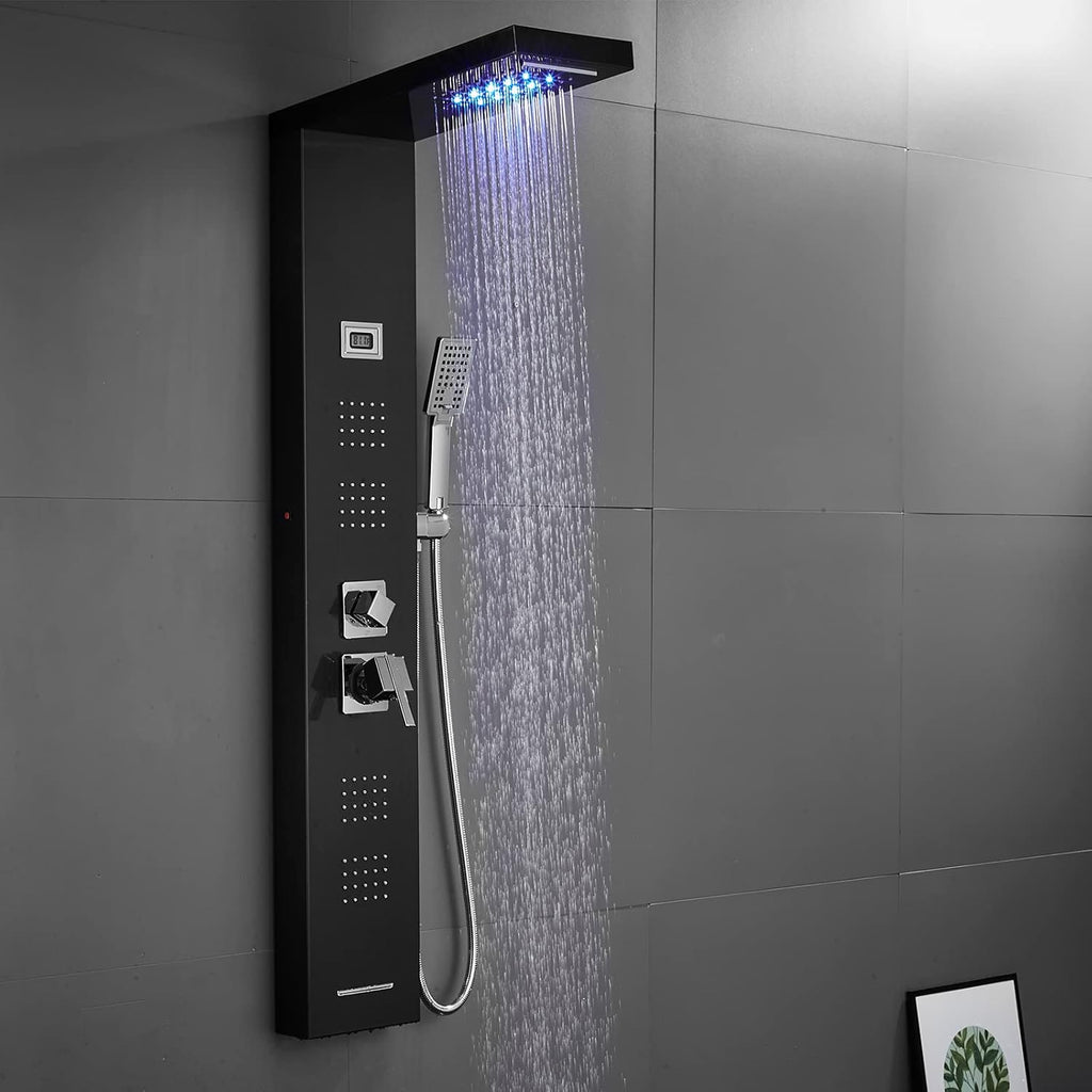 Stainless Steel Shower Panel Tower System with LED Rainfall Shower Head, Handheld Shower Head, 4 Body Jets, Tub Spout, Water Temperature Display A920
