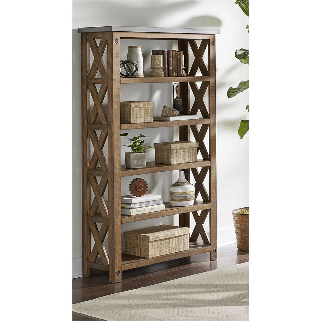 Open Wood Bookcase Shelving Brown Concrete Top E993