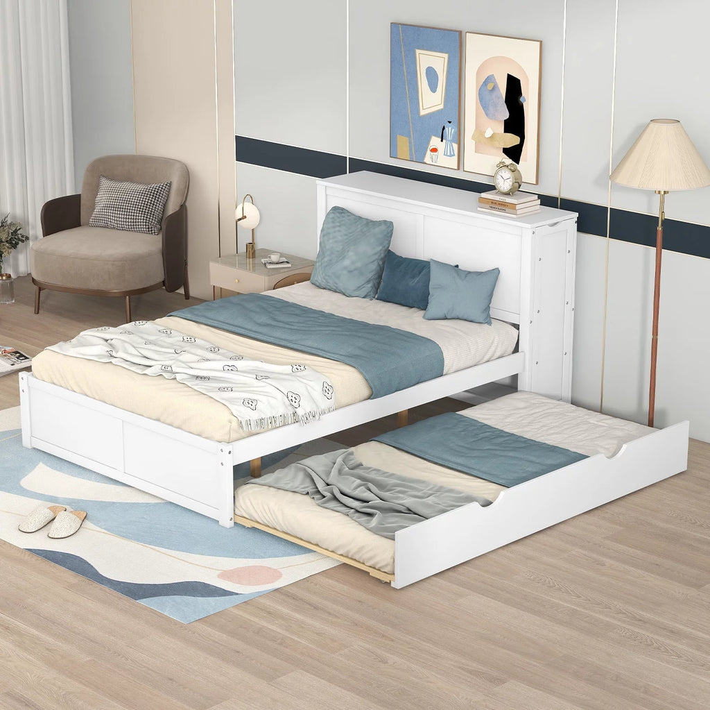 Full Size Wood Platform Bed with Trundle and Storage S48337