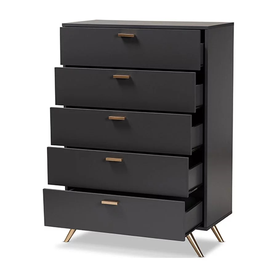 Dark Grey and Gold Finished Wood 5-Drawer Chest S496