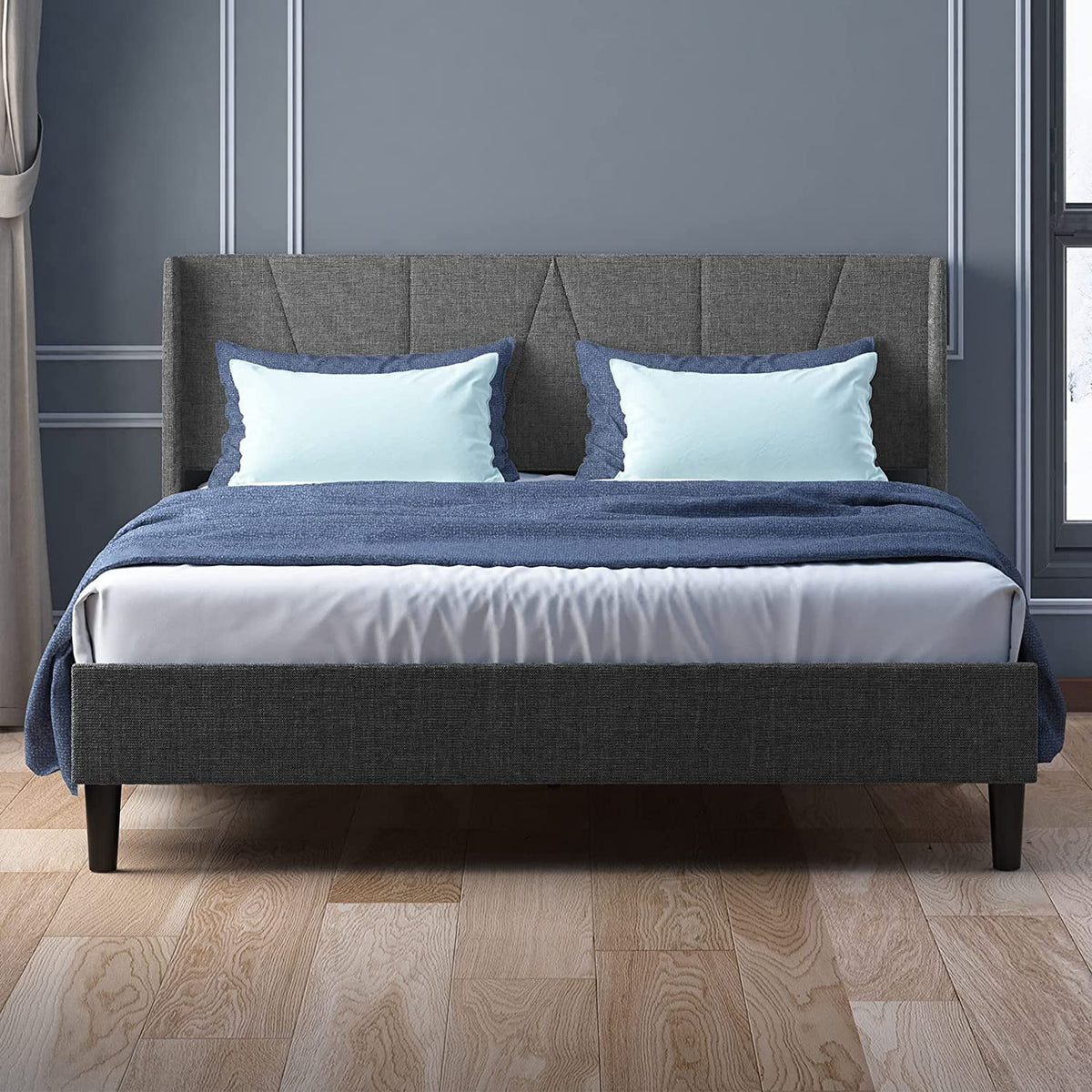 Full Upholstered Wingback Platform Bed Frame with Headboard Dark Grey F34521