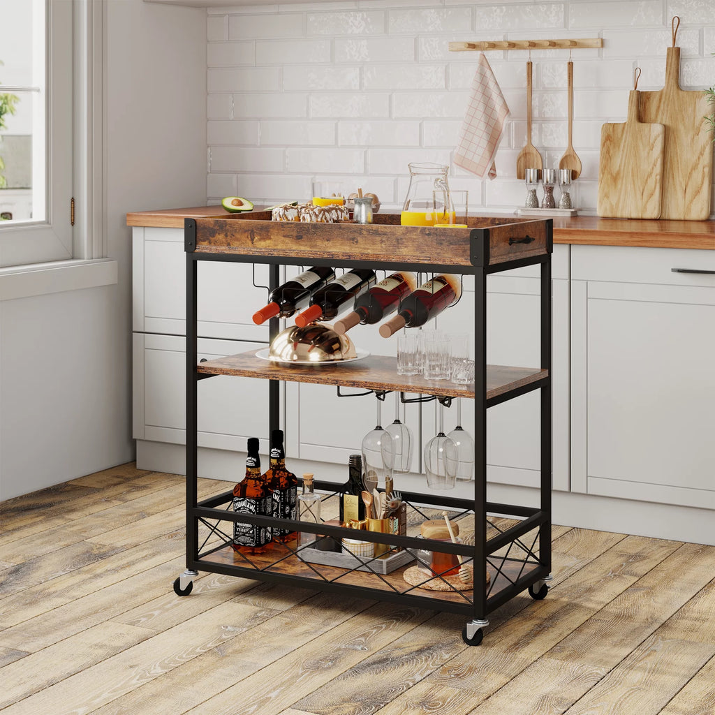 31" 3-Tier Mobile Bar Cart with Wine Rack and Glass Holder G62302